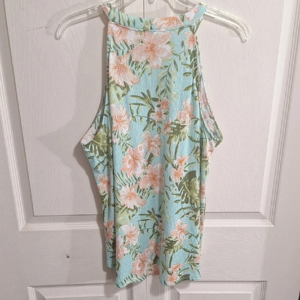 Island Shores Tropical Floral Halter Tank Top-Blue Green Coral-L